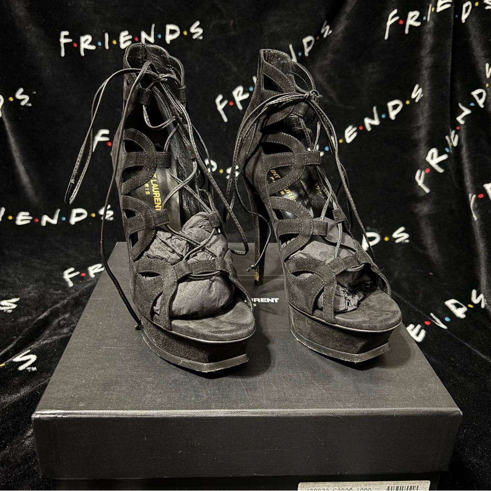 Saint Laurent Black KID Scamosciato Lace-Up Platform Heels